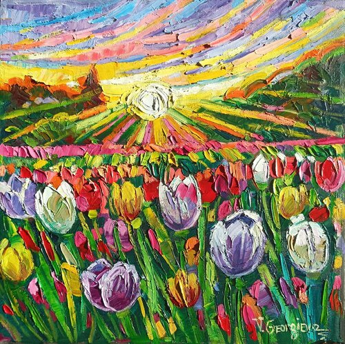 Golden hour tulips di Vanya Georgieva, Pittura in vendita su Singulart