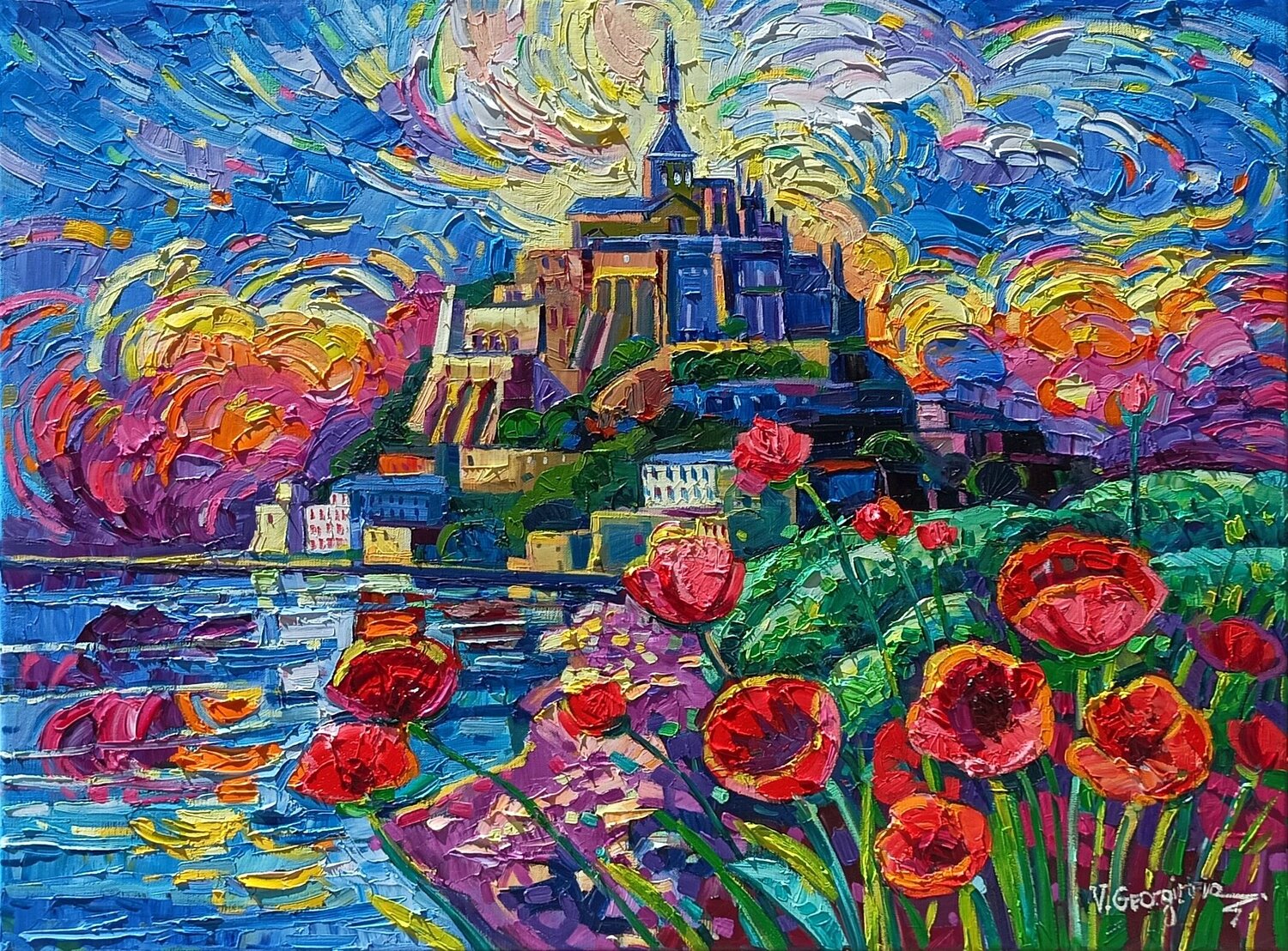 Mont Saint Michel and the poppies Vanya Georgieva Originalgemälde zu verkaufen
