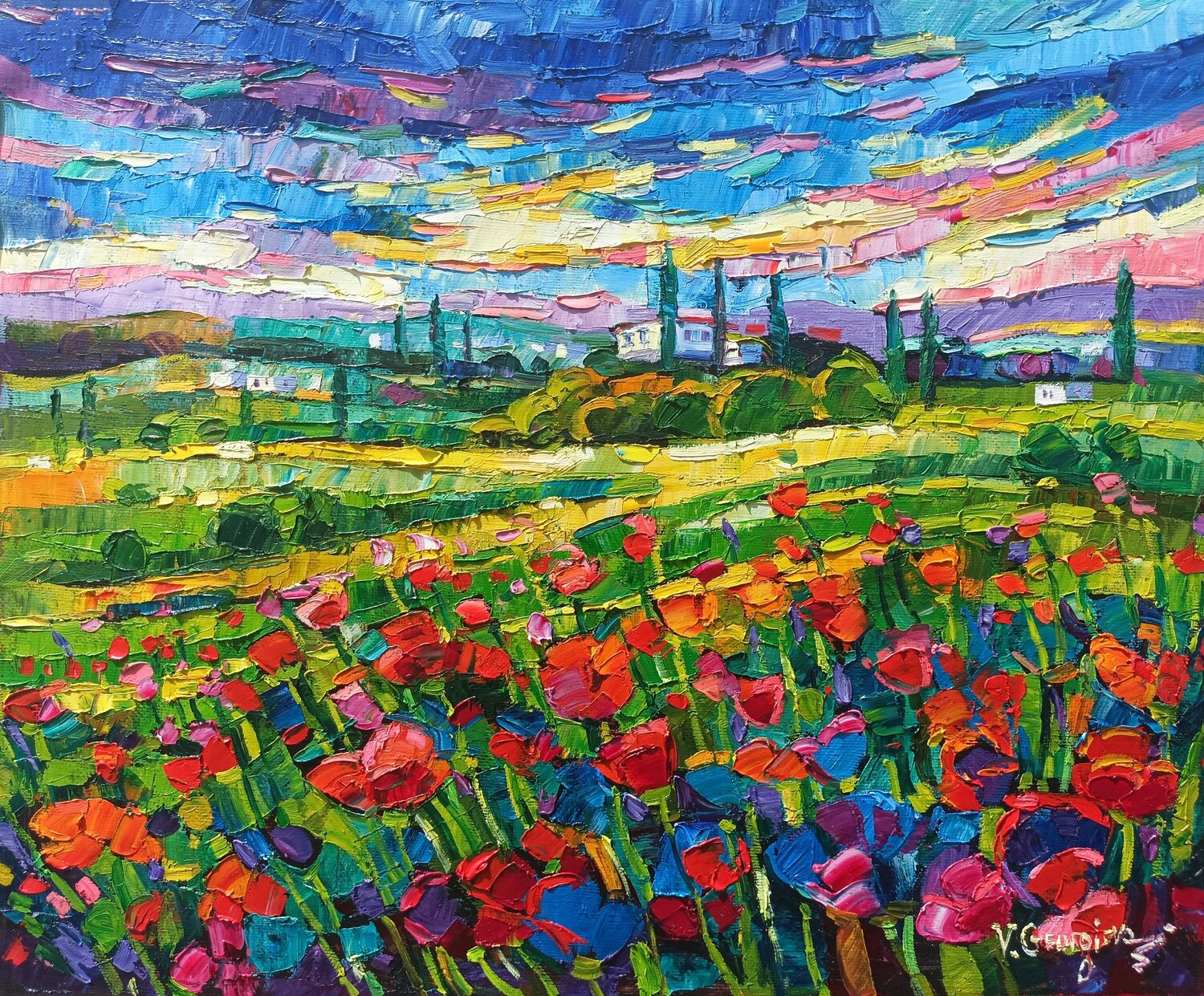 Poppies field in Tuscany 3 Vanya Georgieva Originalgemälde zu verkaufen