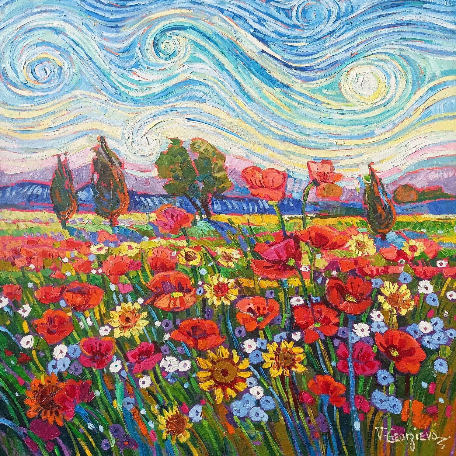 Joy poppies and Gogh sky Vanya Georgieva Originalgemälde zu verkaufen