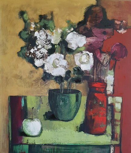 Still Life with White Roses di Anna Soghomonyan, Pittura in vendita su Singulart