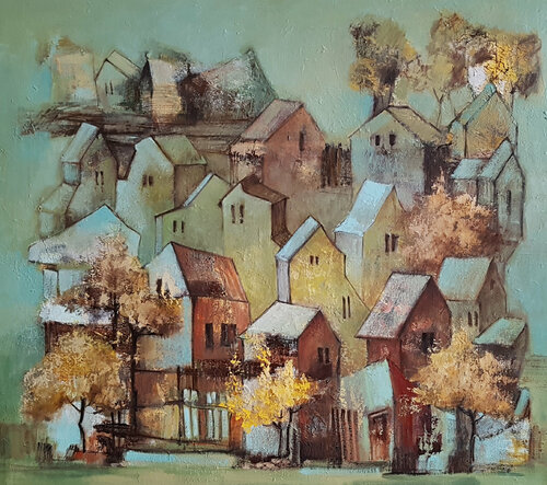 Small city in fall (modern urban landscape) di Anna Soghomonyan, Pittura in vendita su Singulart