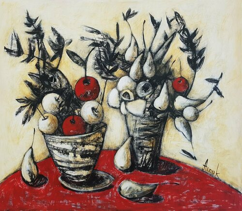 Fruitfulness: extra large modern black-white-red still life with fruit in vases von Anna Soghomonyan, Malerei kaufen auf Singulart