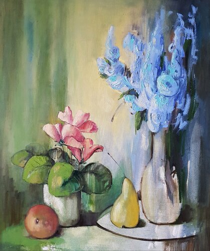 On my window: modern still life with flowers and fruits di Anna Soghomonyan, Pittura in vendita su Singulart