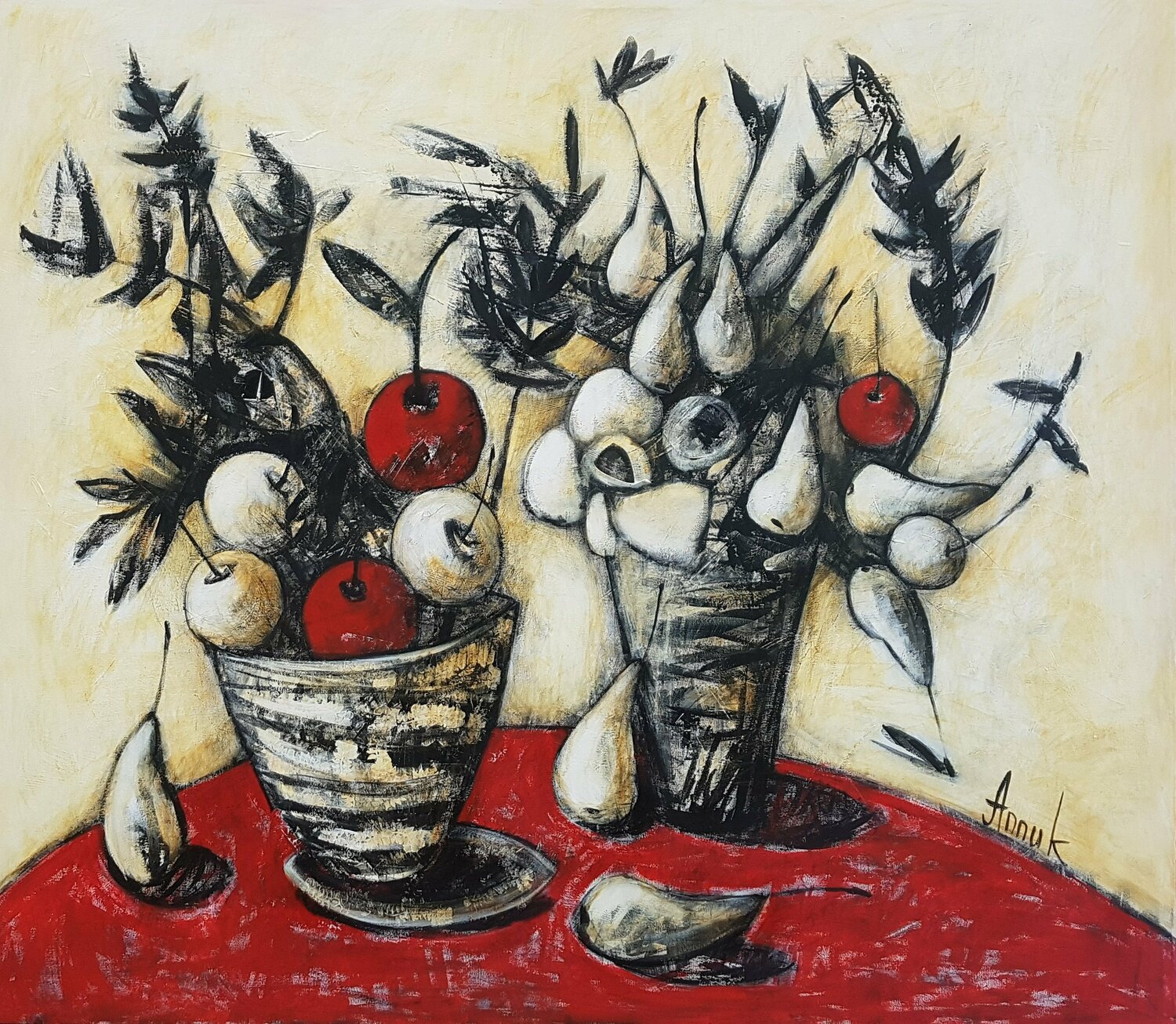 Fruitfulness: extra large modern black-white-red still life with fruit in vases Anna Soghomonyan Originalgemälde zu verkaufen