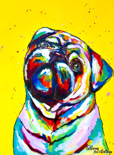 Pure Heart. Mops colorful dog Modern pop art, street art figurative painting. de Tattiana Yelistratava, Pintura a la venta en Singulart