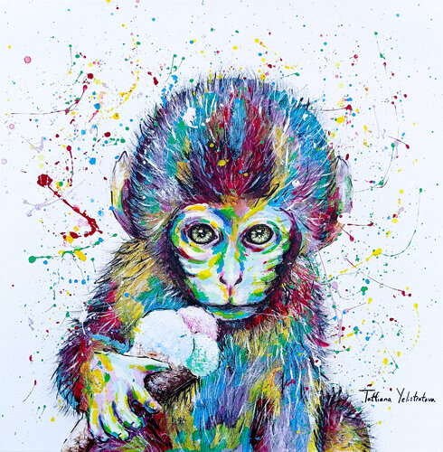 Tender Wild. Baby monkey with ice cream funny Modern pop art, street art figurative painting. by Tattiana Yelistratava, Painting for Sale on Singulart