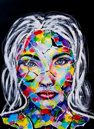 Unbroken in the Cracks. Colorful Fragmented Portrait, Mixed Media Artwork on Black, Modern Decor von Tattiana Yelistratava, Malerei kaufen auf Singulart