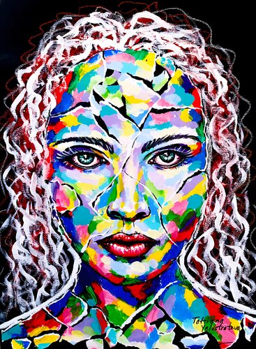 The Shape of Resilience. Colorful Fragmented Portrait, Mixed Media Artwork on Black, Modern Decor von Tattiana Yelistratava, Malerei kaufen auf Singulart