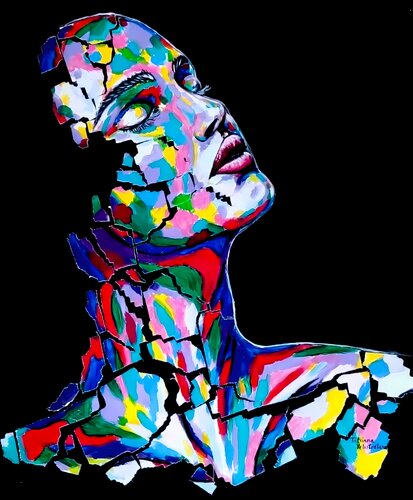 In the Midst of Becoming. Large canvas abstract portrait. Colorful Fragmented Portrait, Mixed Media Artwork on Black, Modern Decor by Tattiana Yelistratava, 회화 for Sale on Singulart