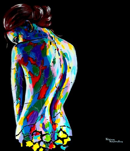 Where the Silence Breaks. Colorful Fragmented Portrait, figurative Mixed Media Artwork on Black, Modern Decor by Tattiana Yelistratava, 회화 for Sale on Singulart