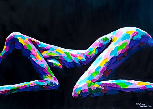Folded into Silence. Colorful Abstract nude women body artwork.Modern pop art, street art figurative painting. by Tattiana Yelistratava, Painting for Sale on Singulart