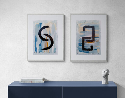 Quite Currents. Diptych.Minimalist geometric Abstract Painting. Blue, biege neutral tone by Tattiana Yelistratava, 油畫 for Sale on Singulart