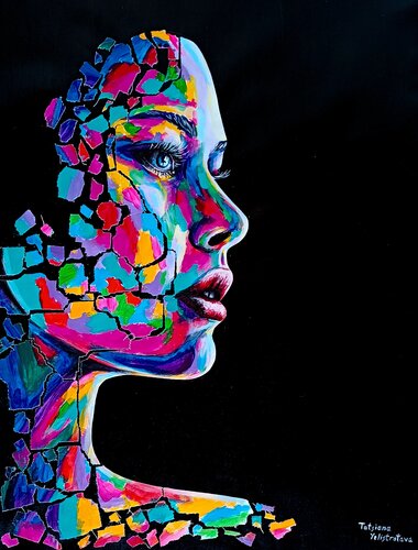 Fragments Learning to Breathe. Colorful Fragmented Portrait, Mixed Media Artwork on Black, Modern Decor by Tattiana Yelistratava, Painting for Sale on Singulart