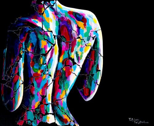 The Slow Formation. Colorful Fragmented figurative, Mixed Media Artwork on Black, Modern Decor van Tattiana Yelistratava, Schilderij te koop op Singulart