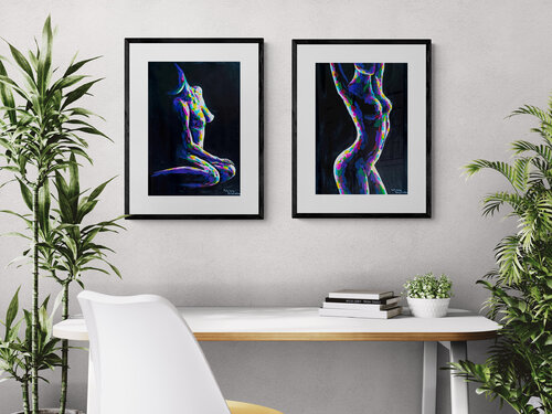 Echoes of the Body. Diptych.- colorful figurative painting, modern nude female body abstract artwork. von Tattiana Yelistratava, Malerei kaufen auf Singulart