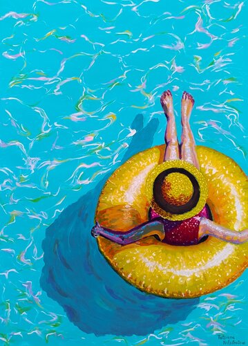 The Quiet Float — Contemporary Poolside Figurative Painting by Tattiana Yelistratava, Painting for Sale on Singulart