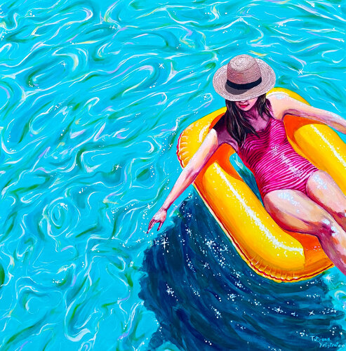 Floating into Summer —large canvas Contemporary Figurative Pool Painting, Turquoise Summer Wall Art by Tattiana Yelistratava, 絵画 for Sale on Singulart