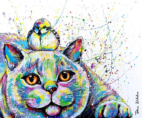 Little Joy on My Mind — Contemporary Animal Painting, Cat and Bird Wall Art, Colorful Pop Art van Tattiana Yelistratava, Schilderij te koop op Singulart