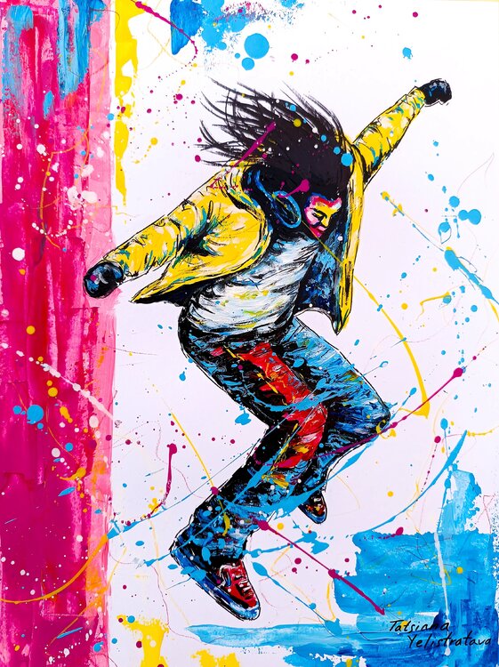 The Answer was Motion. Modern pop art, street art figurative painting. Tattiana Yelistratava