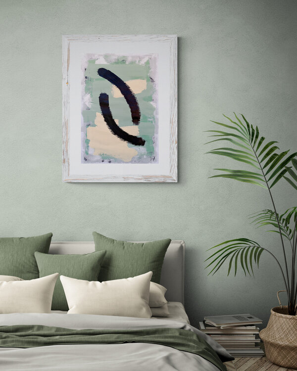Traced Silence. Minimalist geometric Abstract Painting . Sage green, biege neutral tone. Tattiana Yelistratava