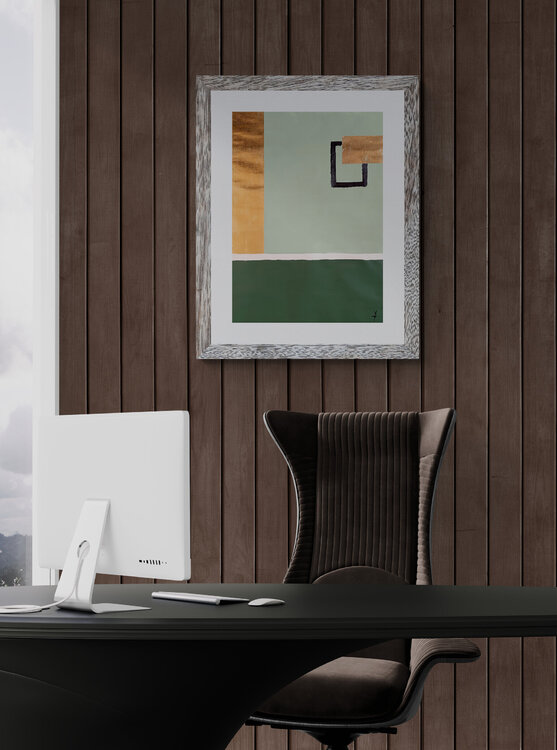 Framed Stillness. Minimalist geometric Abstract Painting. Sage green , gold, biege Neutral tone . Tattiana Yelistratava