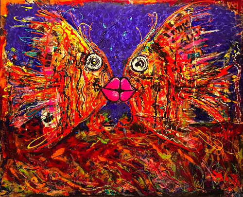 BAISER DU POISSON DANS LA MER BLEU INDIGO van PatMoli, Schilderij te koop op Singulart