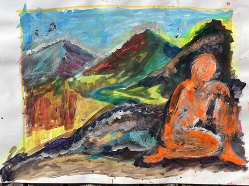 L'HOMME ORANGE ET MONTAGNES van PatMoli, Schilderij te koop op Singulart