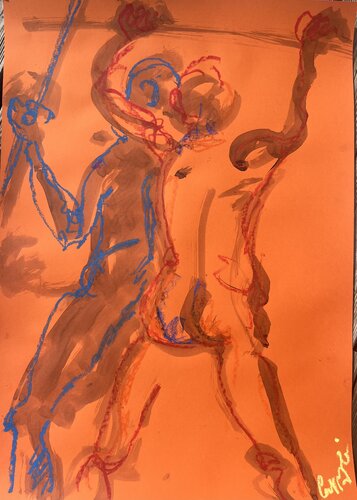 2 hommes  s'affrontant sur orange by PatMoli, 종이 for Sale on Singulart