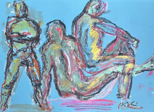 tribu de 3 dans le bleu van PatMoli, Werk op papier te koop op Singulart