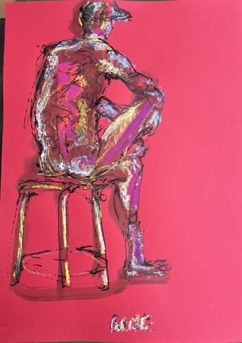 Pensif sur rouge de PatMoli, Obra en papel a la venta en Singulart