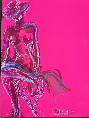 Femme au chapeau, sur rose fluo de PatMoli, Obra en papel a la venta en Singulart