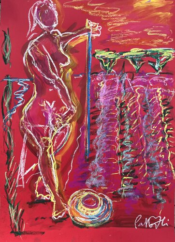 Femme nue dans les lavandes, sur rouge de PatMoli, Obra en papel a la venta en Singulart