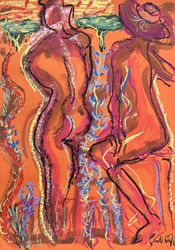 2 femmes en provence, sur orange de PatMoli, Obra en papel a la venta en Singulart