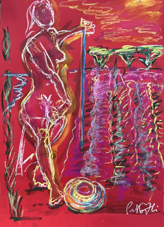 Femme nue dans les lavandes, sur rouge PatMoli