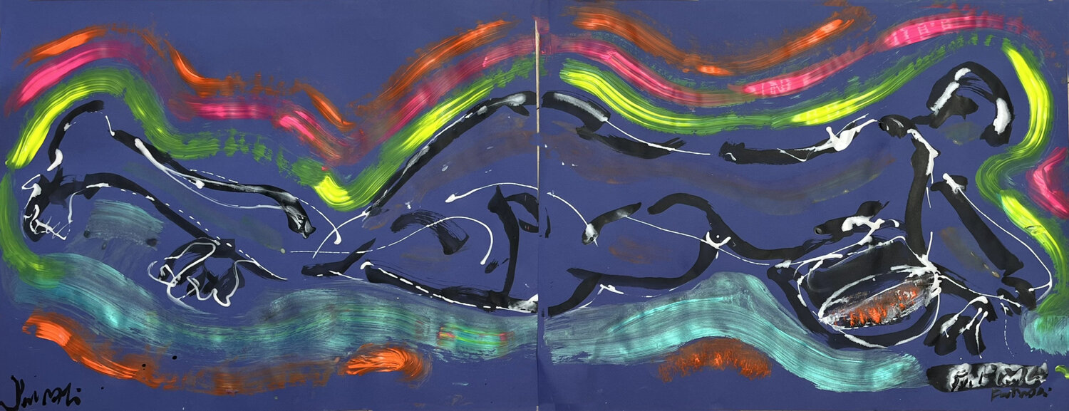 Homme allongé sur dyptique bleu PatMoli Werk auf Papier zu verkaufen
