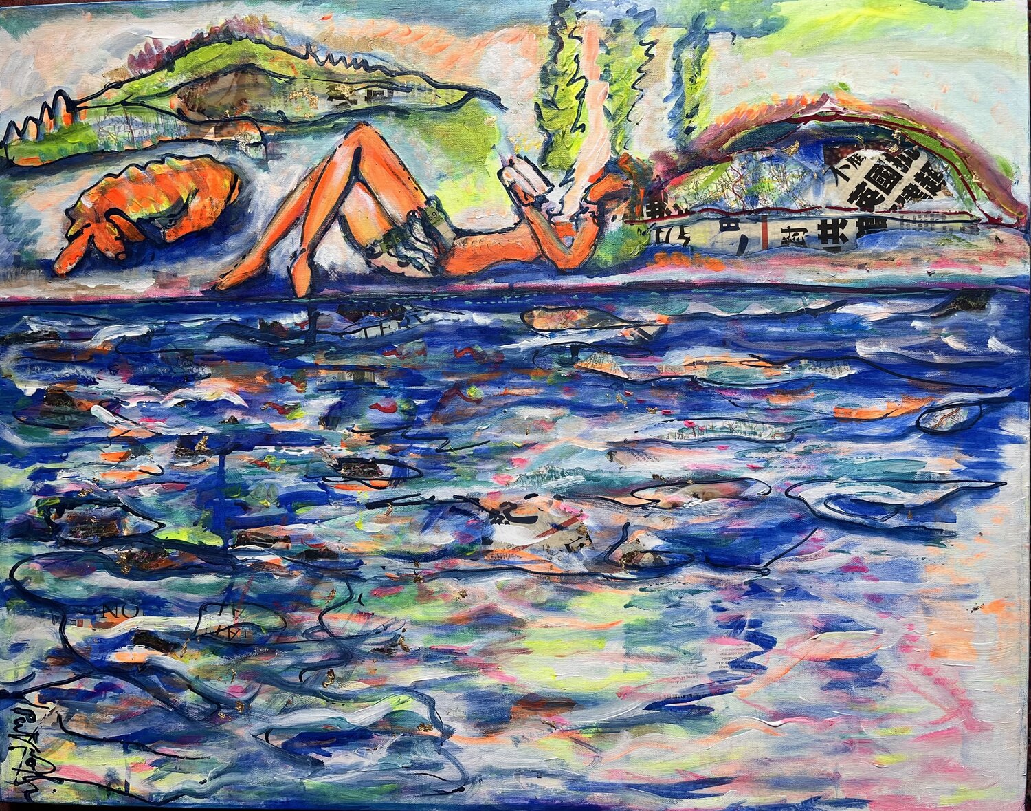 Apaisement au bord de l'eau avec mon chien PatMoli Originalgemälde zu verkaufen