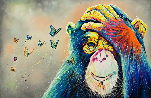 Scimmia con Farfalle - La Rinascita di Hani Badawi Leo, Pittura in vendita su Singulart