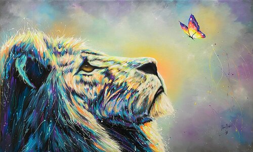 L'Amicizia del Leone e Farfalla di Hani Badawi Leo, Pittura in vendita su Singulart