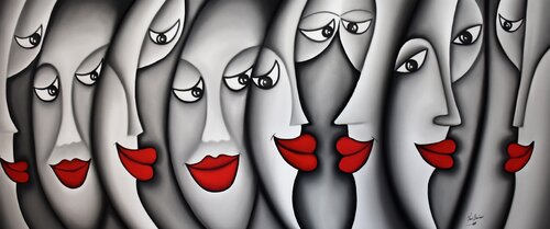 Complicity in Valentino Red van Hani Badawi Leo, Schilderij te koop op Singulart