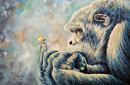 Gorilla with butterfly van Hani Badawi Leo, Schilderij te koop op Singulart