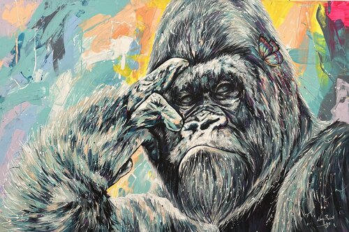 Gorilla with butterfly you make me crazy van Hani Badawi Leo, Schilderij te koop op Singulart