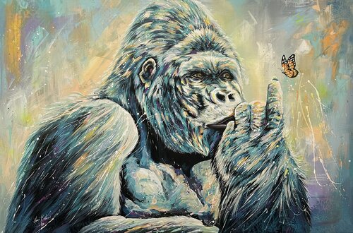 Gorilla con farfalla Pop Blue Light van Hani Badawi Leo, Schilderij te koop op Singulart