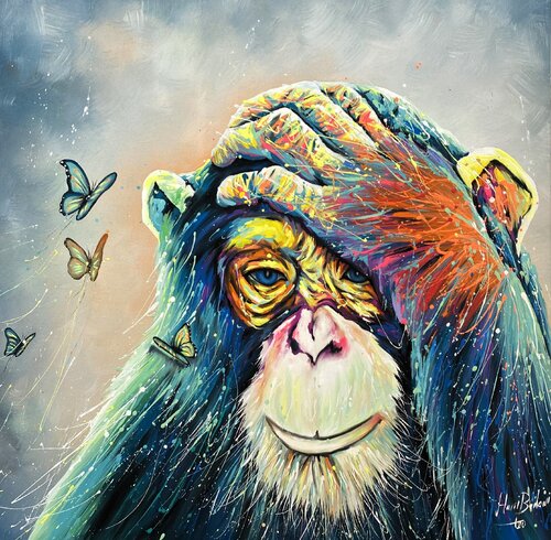 Monkey with Butterfly di Hani Badawi Leo, Pittura in vendita su Singulart