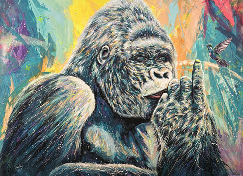 Gorilla e colibrì XXL von Hani Badawi Leo, Malerei kaufen auf Singulart