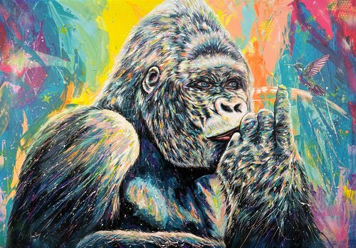 Gorilla e colibrì limited edition print on canvas by Hani Badawi Leo, Print for Sale on Singulart