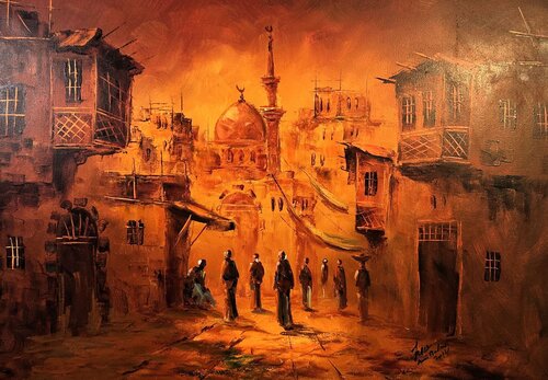 Oriental Sunset Landscape van Hani Badawi Leo, Schilderij te koop op Singulart