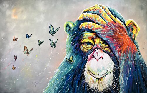Monkey with Butterfly the Rebirth von Hani Badawi Leo, Malerei kaufen auf Singulart