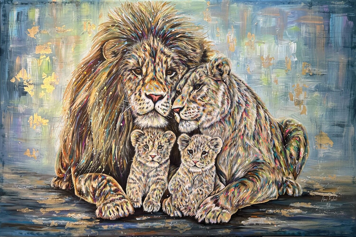 Famiglia Leoni con 2 cuccioli Hani Badawi Leo Originalgemälde zu verkaufen