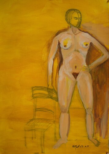 GELBER AKT AM STUHL di Friedhelm Wolfrat, Pittura in vendita su Singulart